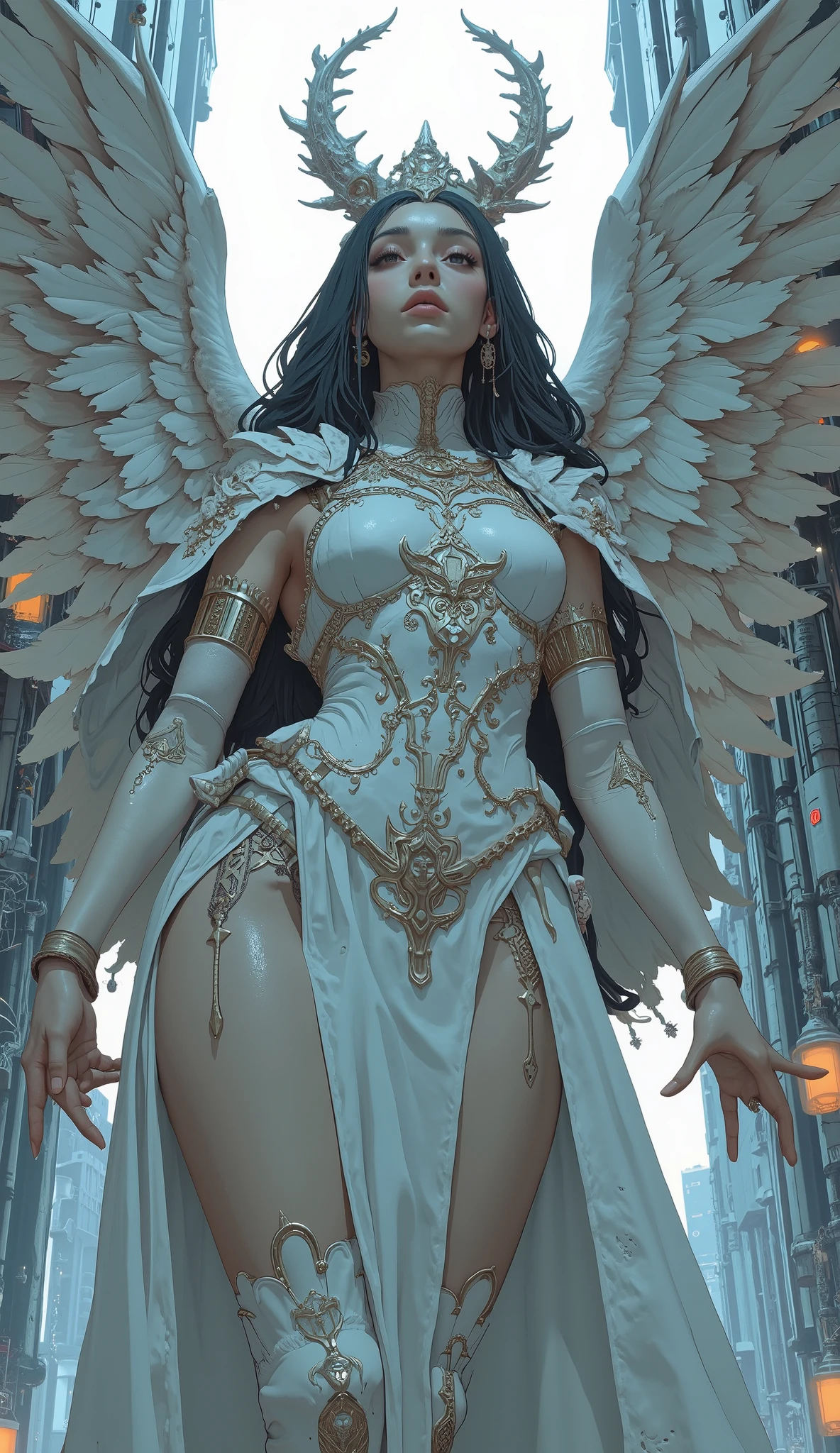 a close up of a statue of a woman with wings, The goddess.  extremely high detail , Super Detailedなファンタジーキャラクター, Beautiful and exquisite figure,  Female Vampire with Black Feathers ,  futuristic robot , with wings. Super Detailed, Hg Giger Flora Borsi, extremely detailed The goddess shot,  female humanoid creature , angel night gothic girl, Complex body, ZBrush Central Contest Winners