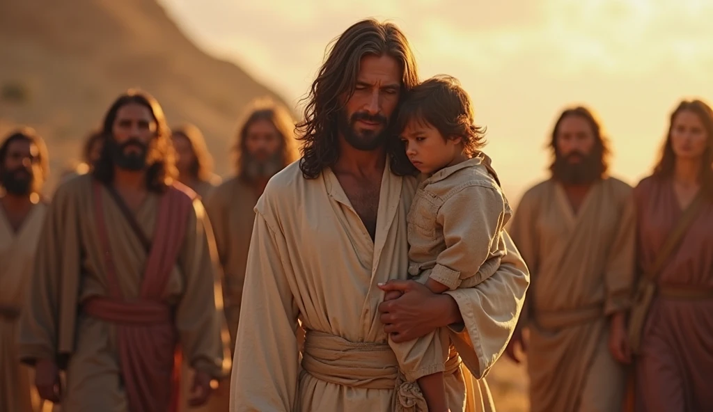 Jesus Christ gently cradles children in a city ravaged by war.