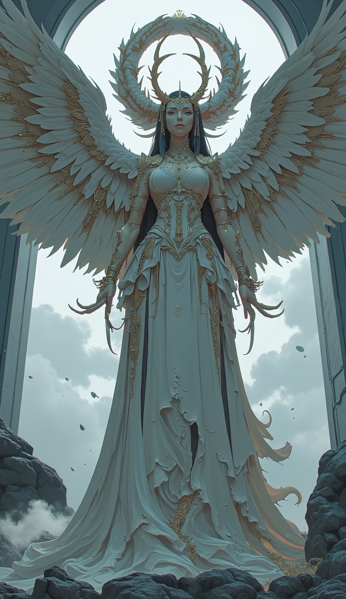 a close up of a statue of a woman with wings, The goddess. extremely high detail , Super Detailedなファンタジーキャラクター, Beautiful and exquisite figure, Female Vampire with Black Feathers , futuristic robot , with wings. Super Detailed, Hg Giger Flora Borsi, extremely detailed The goddess shot, female humanoid creature , angel night gothic girl, Complex body, ZBrush Central Contest Winners