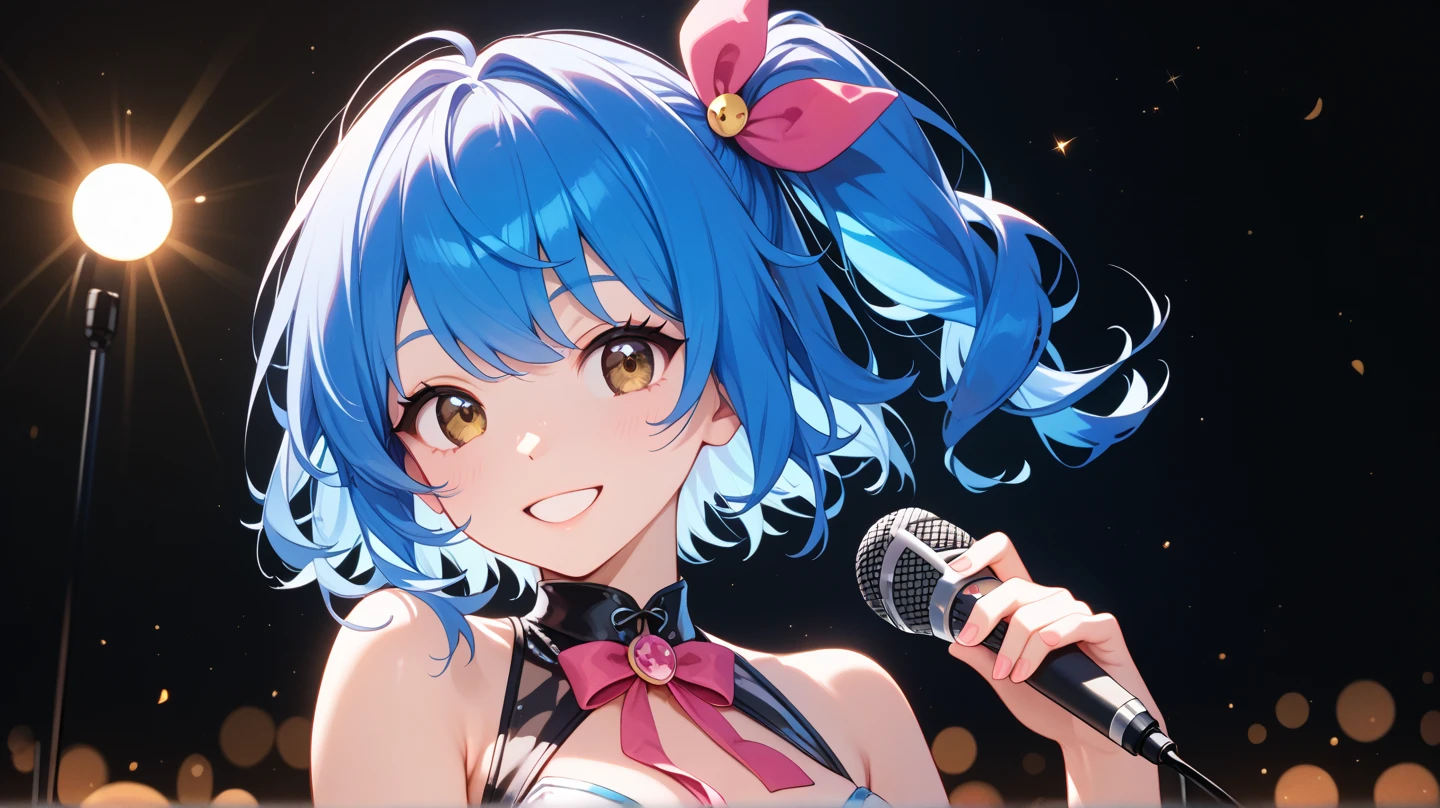 最high quality、Best image quality、masterpiece、and((cute、18-year-old、Best Bust、Medium Bust、Beautiful Blue Eyes、Spread your chest wide,Pastel Hair、ponytail、Disheveled Hair、thin、Highest Valley、Pastel Dress、smile、necklace、Wristband、))high quality、Beautiful art、background((Pastel Room、Live Performance Venues)),Tabletop、Exquisite design、Visual Arts、Written boundary depth、Best lighting、Highest detail、8k