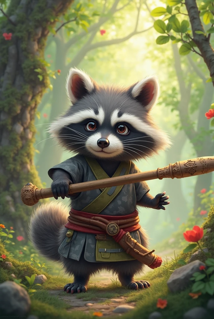 best image quality、"Create your own masterpieces with cute creatures. one、civet、(The place is a forest), high detail, in 8K、best image quality、dressed as an adventurer、With shuriken in hand、medieval adventurer costume、(((cute)))、