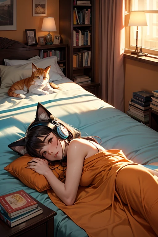 wearing headphones、Lying on a bed in front of a window with a cat, Anime Style 4k, beautiful Anime Catgirl, An anime girl with cat ears, Very beautiful cute cat girl, Anime Catgirl, cute Anime Catgirl, anime art wallpaper 4k, anime art wallpaper 4k, Anime Cat, Anime Art Wallpapers 8K, LOFI Girl, very beautiful Anime Cat girl