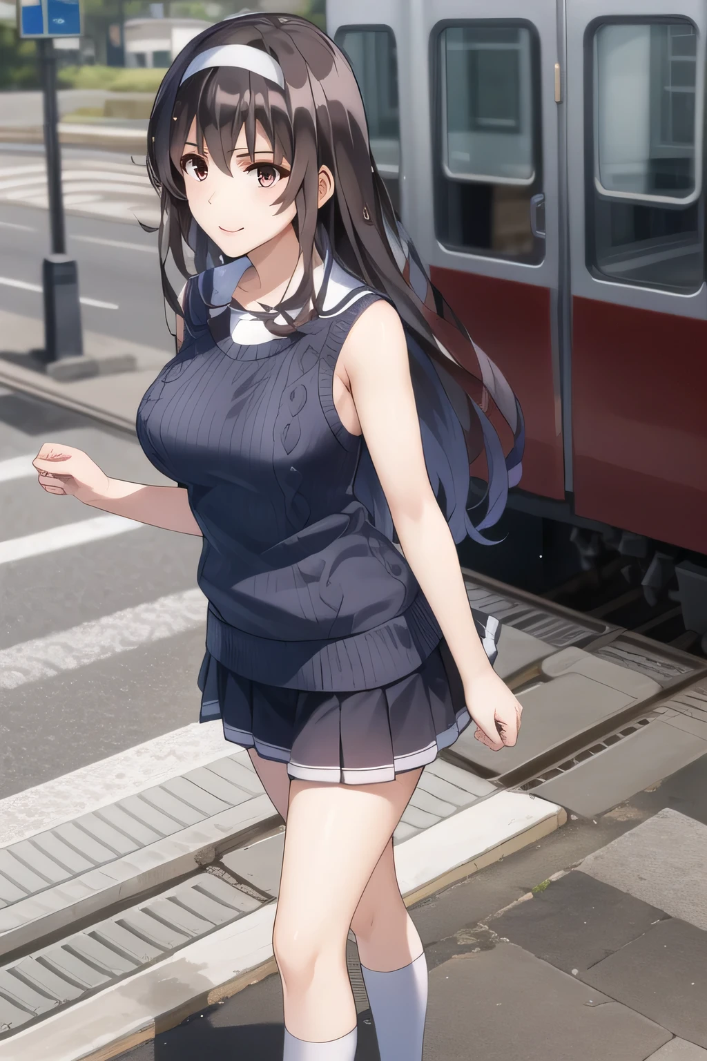 Long dark-haired women ,wears a white hair band,nice smile激しい雨の中で濡れるのに苦労しています,my nipples are sharp、 areolas can be seen through ,My whole body is wet from heavy rain,Black wool sweater without sleeves,Please cover her chest with clothes,High socks on my feet,accurate representation of hands and feet,draw something bigger ,nice smile,Beautiful Legs,,,nice smile,The face is absolutely necessary,Pleated Mini Skirts,Can you draw a woman staring at a train,Please draw a picture of a woman waiting in front of a car,東京の地下鉄ホームでwaiting for the train女性は描けますか, ,congestion,waiting for the train,Fun,Underground railway stations ,The sign hanging on the wall,{{X}},More delicate look ,walking alone, city tour ,,(((are dressed in casual tourist-inspired clothing))), ,(Let's draw a more delicate look),(sleeveless wool sweater),( Pleated Legs,white panties),(That work is enough for one person {X} is very important for work)、 That's enough,frowning。unless the job requires it。 {X}、 , An attractive 40-year-old woman takes off her uniform、jump off, big black wavy hair, , Big breasts, Thin Waist , , ,Faces are very important,