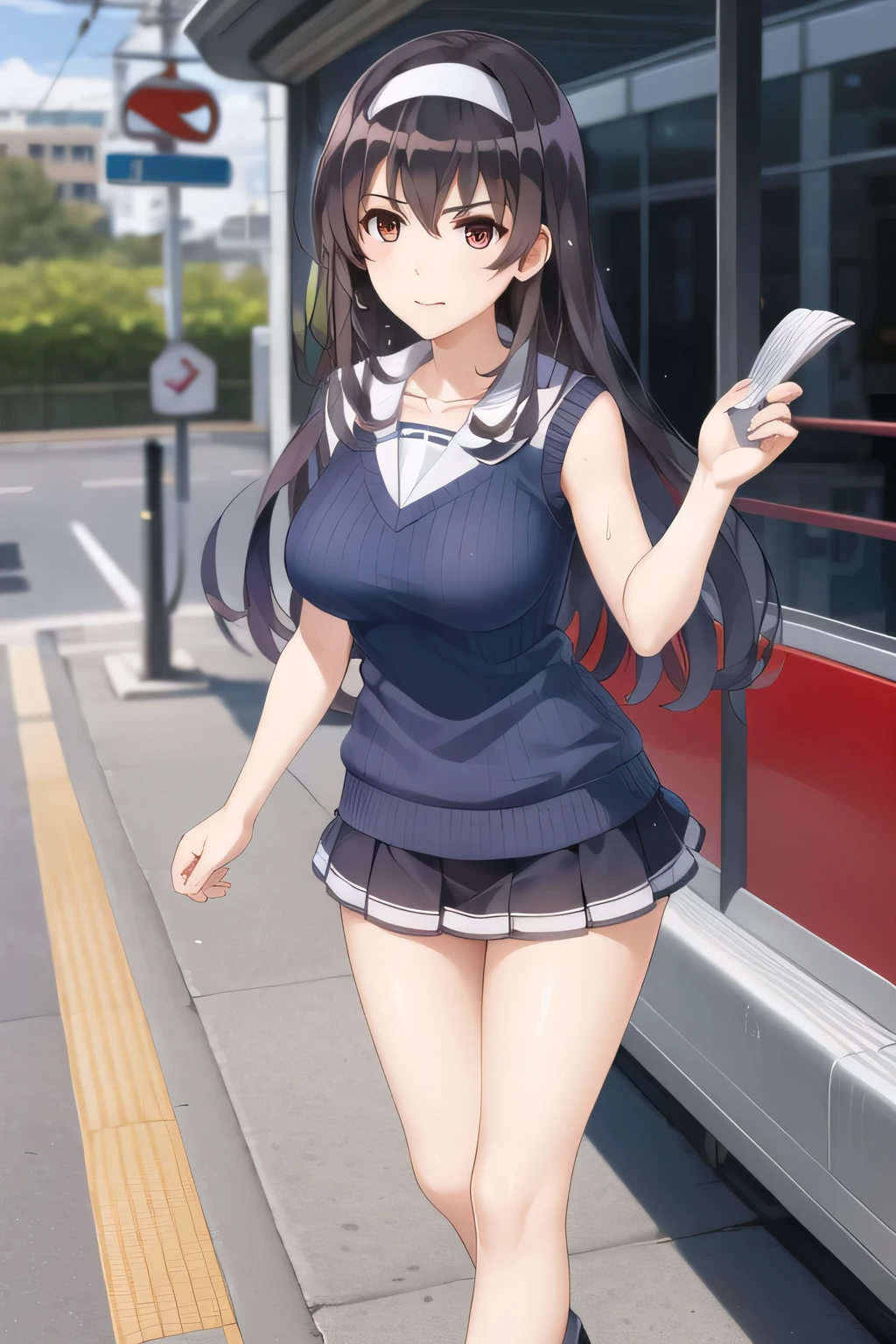 (((High quality))), 1girl, solo, black hair, messy hair, bangs, black eyes, large breasts, wide hips, tall, thick thighs, white blouse, blue skirt, sailor uniform, eyes wide open