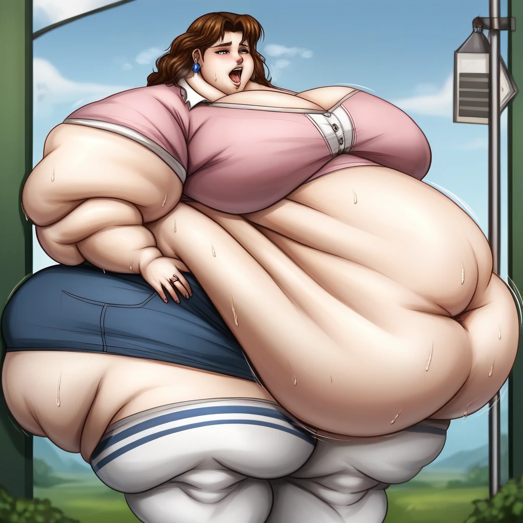 score_9, score_8_superior, score_7_superior, score_6_superior, sauce_anime, Low - Angle, From below, One girl, 1人のmaleの子, duo, big_female, small_male, size_difference, Sitting, Looking down, Look forward, obesity, ssbbw, break, She eats a lot of food, Blonde, high school girl, Very large breasts, Very huge legs, Very huge ass, Very large body
