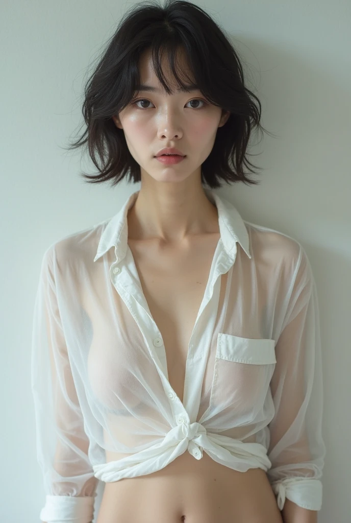 Highest quality、masterpiece、Ultra-high resolution、(Realism:1.4)、1 girl、In a pale background、Deep Shadow、Low Key、Shortcuts、Upper Body、sex appeal、Wearing a T-shirt、Clothes are not see-through、Cosmetic CM