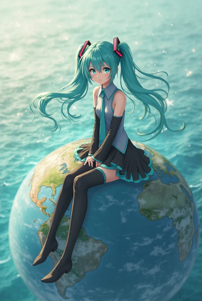 fking_scifi_v2, Indian, girl wearing white shirt, black wrinkled skirt with black transparent pantyhose, 8k, 80mm, f/1.8, anime stylized, highly detailed characters, rendering a cute anime girl in clothes, {giantess}, {gaze at the earth}, blue hair, white skin, cute, embarrassed expression, five fingers, spiral double ponytail, long legs, earth is small, eyes towards the earth --auto