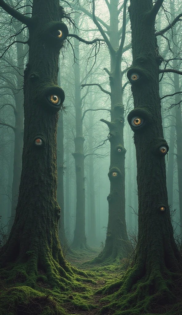 In a twisted, blood-red forest, the trees stand tall and gnarled, their bark resembling dried, cracked flesh. The ground is shrouded in a thick mist, and the air smells faintly of iron. Suspended in the branches of the trees are dozens of real eyeballs, each one glistening with fresh blood that drips slowly, pooling on the crimson moss below.
The eyes vary in size and color, some wide and terrified, others narrowed in a haunting glare. Each eyeball reflects the eerie light filtering through the