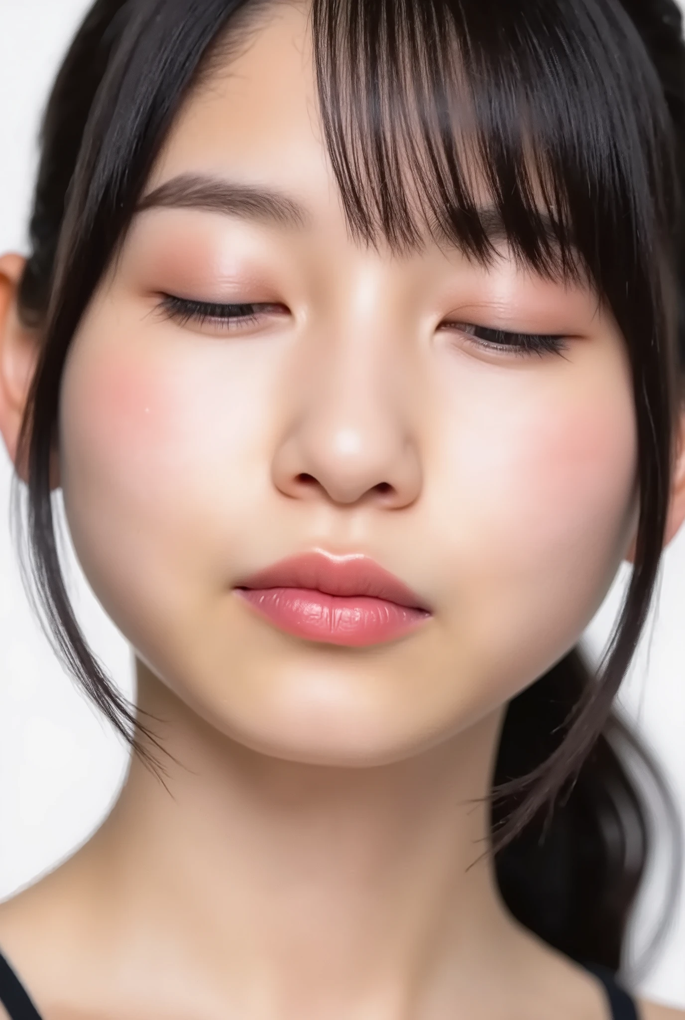 ultra-detailed close-up of a beautiful girl, collarbone-up composition, white studio background, soft natural lighting, slightly elevated camera angle (around 35 degrees), full face and head visible in frame, chin slightly raised, eyes gently closed, deeply affectionate smile, cheeks and ears flushed, dreamy, blissful, euphoric expression, mouth puckered and protruding with a rounded kiss shape, glossy moist lips with shimmering highlights, soft lips reflecting light, extreme focus on lips, inviting kiss pose, longing expression, desperate affection, dere-dere mood, hands behind her back and not visible, natural skin texture with visible peach fuzz, matte facial skin, black camisole strap visible, soft head tilt, bokeh background and soft facial contour blur to emphasize lips, overflowing with affection and dazed joy