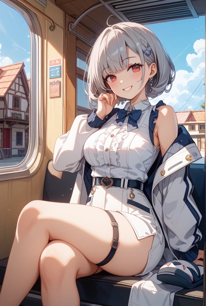 1girl,big_breasts,cap,bare_shoulder,closed_mouth,cold_look,skirt,sitting,hair_over_one_eye,