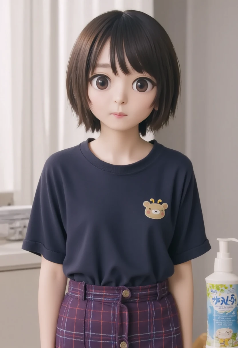 Upper eyes, li face, babig, short hair, laughing, innocent, fluffy, high school girl, shirt exposed, skewed,