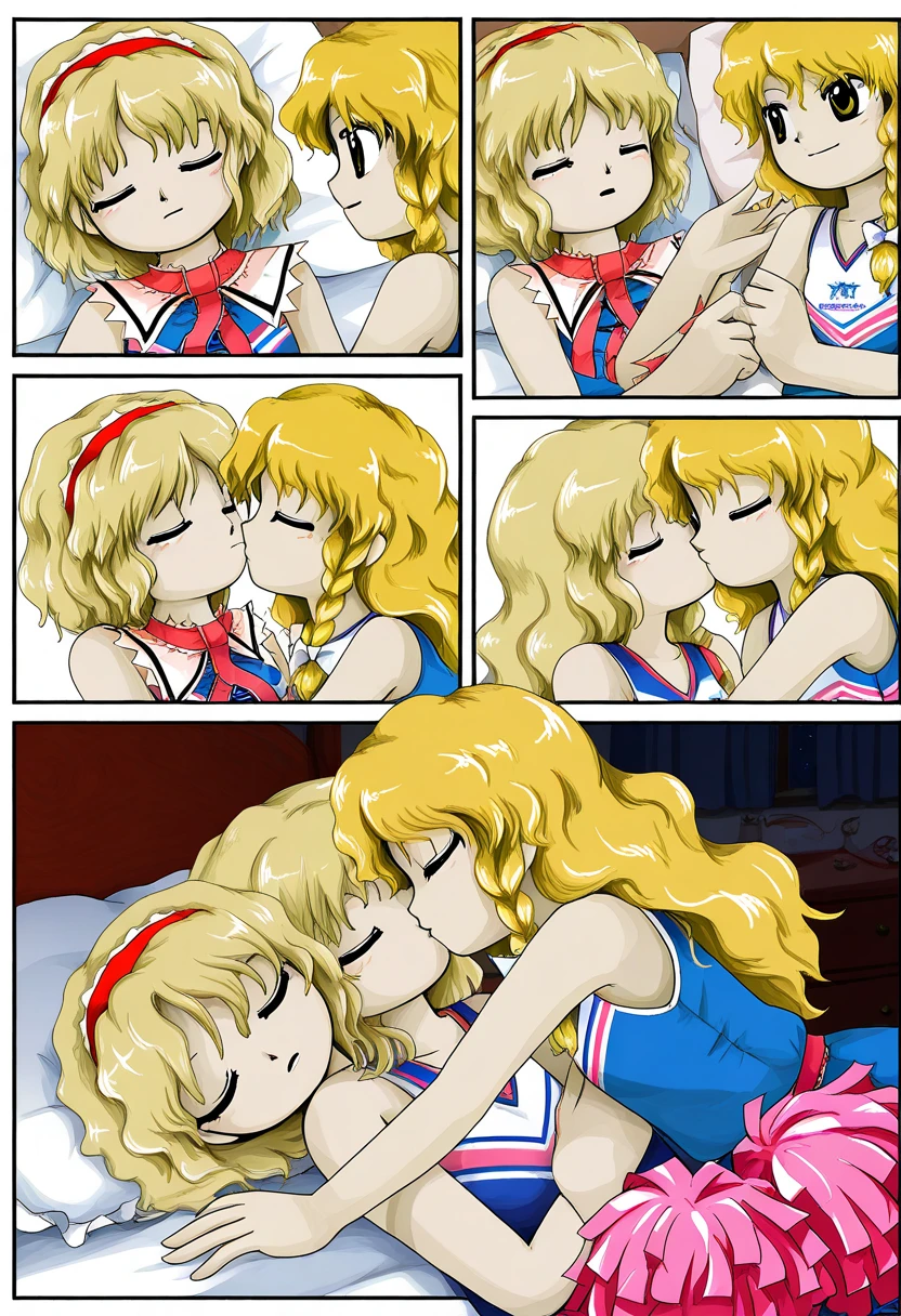 sex  vaginal, anime style, medium breasts, small ass, bonnie (Pokemon), blue eyes, blonde hair, anime art style, cheerleader outfit, upskirt, boy hands on ass, crop top, skirt, missionary position , legs around back, side view