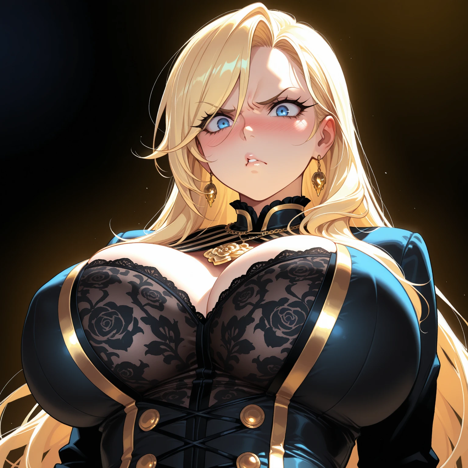 (((Beautiful nipples)、huge tit、Large areola、shinny skin))、hightquality、hight resolution、masterpiece、foco nítido、photographrealistic、Raw photography、lighting like a movie、Photorealistic portrait of stunningly beautiful woman、cowboy shot、upper body of blonde woman、face lights、High brightness、detailed symmetric realistic face、Highly detailed natural textures、ighly detailed、finely detail、palace musketeer uniform、gothic intricate pattern、cavalry hat、long boots
