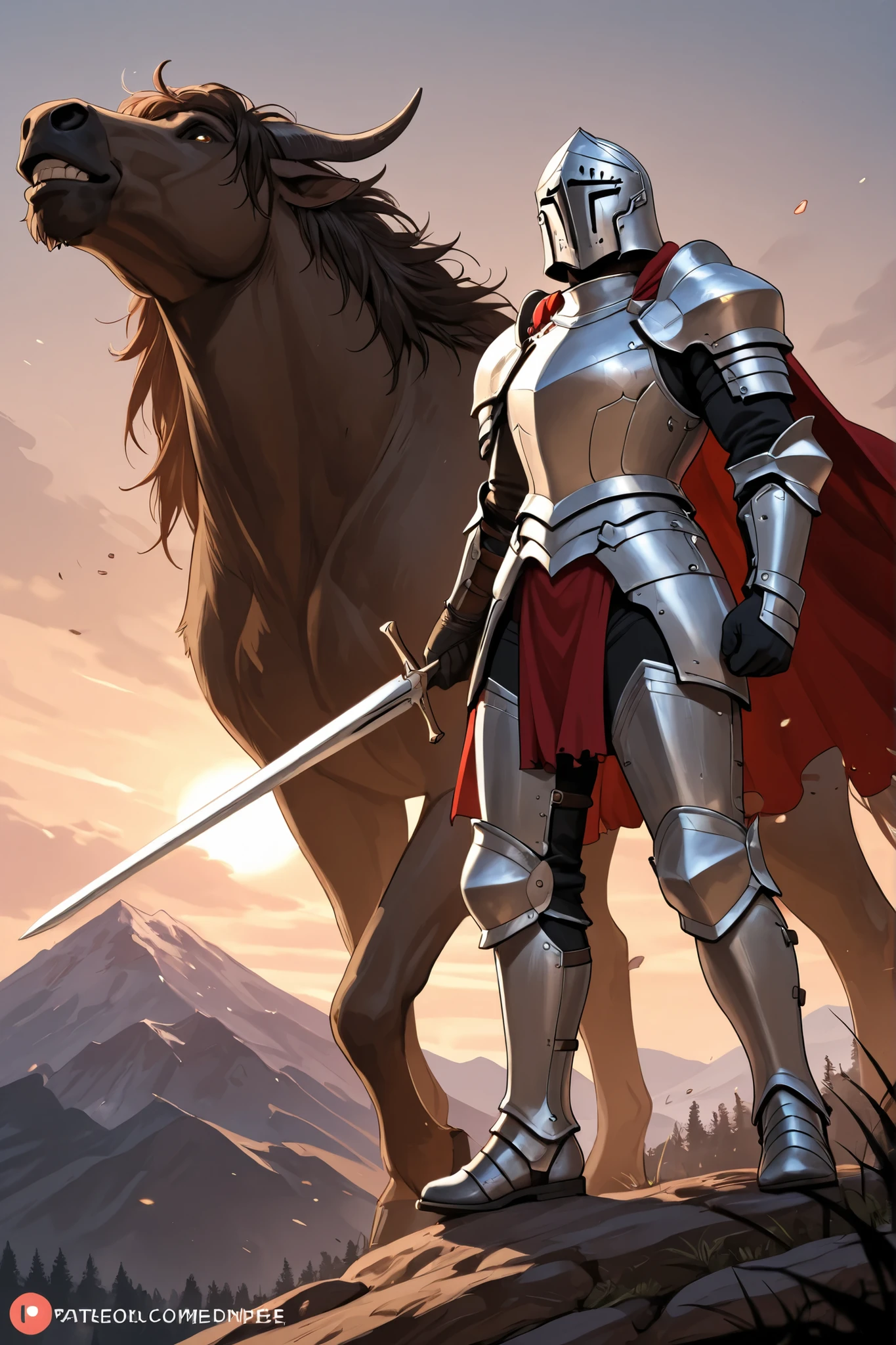 Sexy semi-armored warrior, being attacked on a mountain with trees in the background