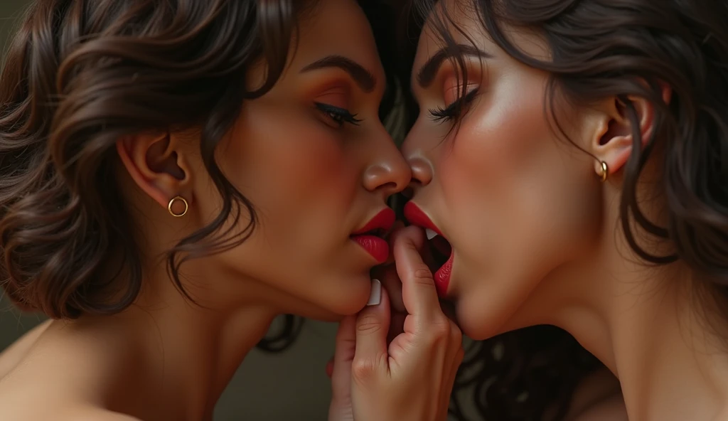 two latina women touching and kissing each other with really big boobs with their tongues out and men watching them
