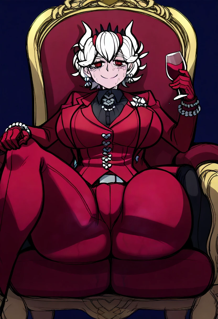 (((Solo))) Vampire girl with short white hair, (red eyes), ((wearing a black dress)), wearing gloves, Anime style 4K, large chest, curvy hips, long legs, detailed eyes, ((sitting)), on a throne