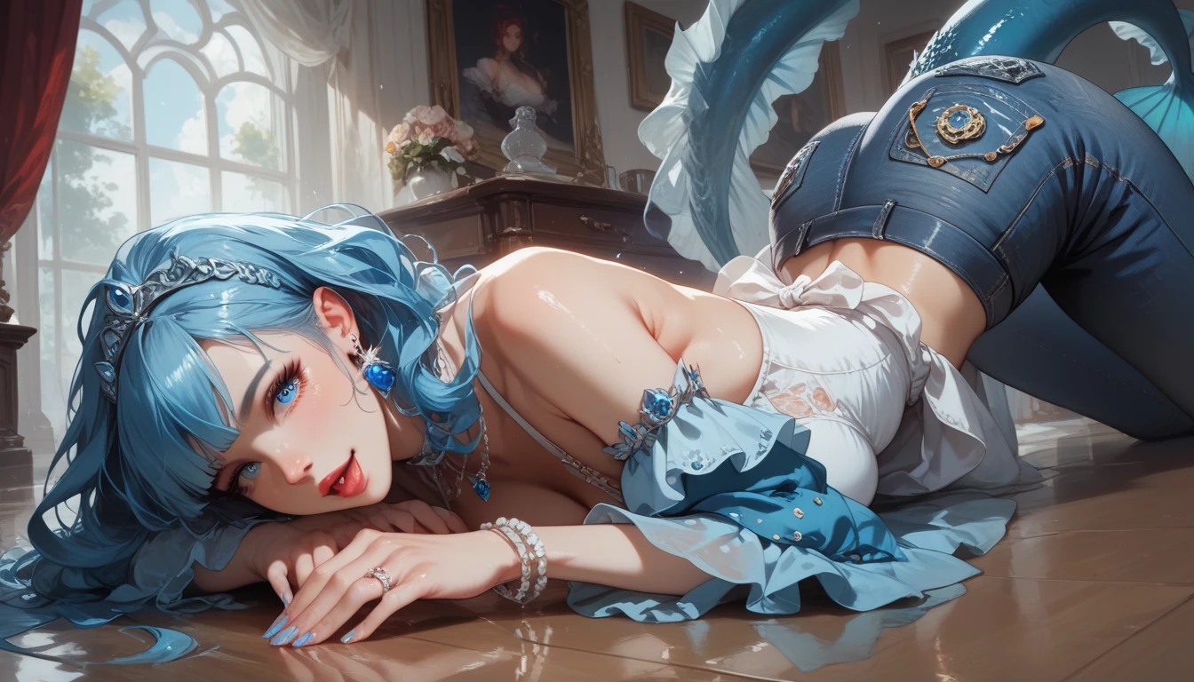Cute Dragon Girl, Cute eyes, Cool look, Long white hair, Full Body Shot, Fascinating, Portrait Quality, 8K resolution, Rich details, Small round face, Maid, face with cupped hands, ,Represents medium , Fair skin, Mood Lighting, Wear a thin transparent cloth, Aperture F/1.2, Beautiful light background, nude, \]White mood,Nipple piercing、beautiful shining black hair