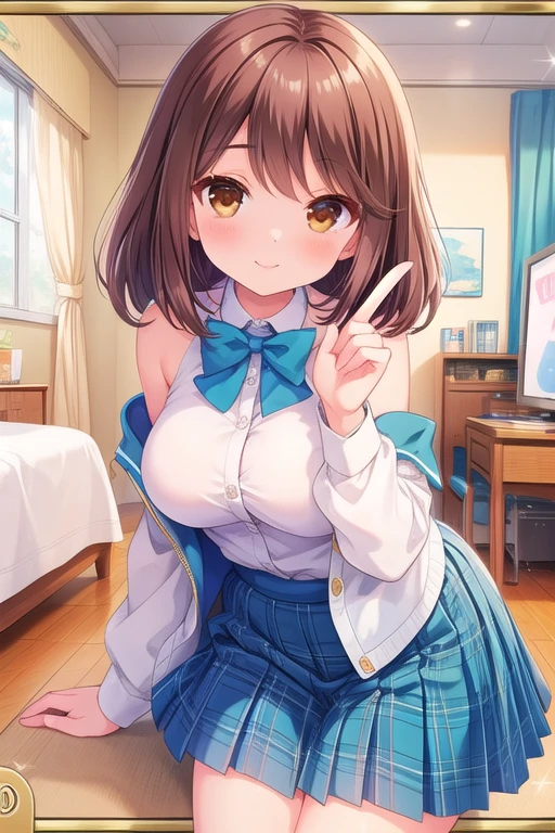 (((masterpiece))), Tomochika、ribbon, 1 girl, alone, looking at the viewer, medium hair、twin tails、, brown hair, cleavage, medium breasts, closed mouth, clavicle, Jacket, open clothes, open Jacket, blue Jacket,sexy
