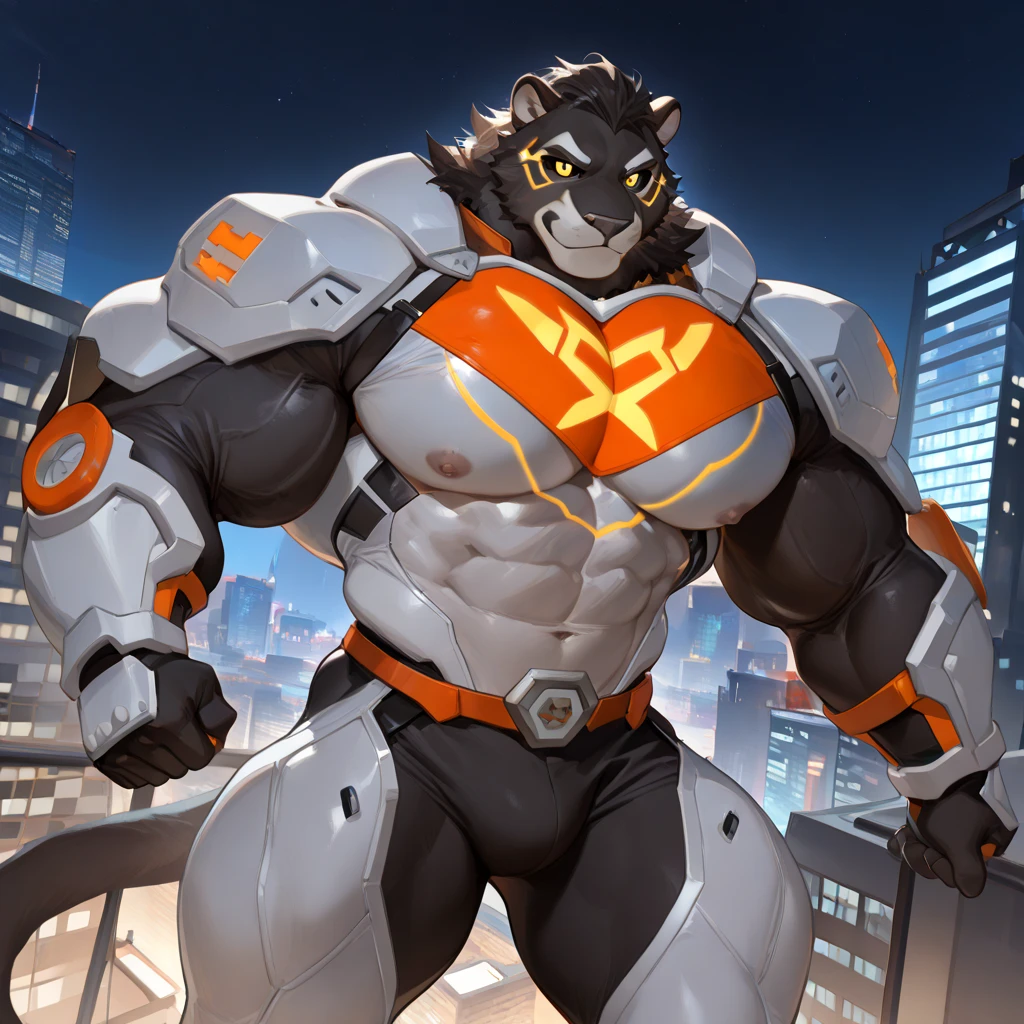 City background, skyscraper, futuristic city, night, stars, night lights, Beast from the movie Beauty and the Beast, Superhero, hero, Nadaria, massive muscles, huge pecs, chiseled ABS, huge pecs, exaggeratedly huge muscles. A furry hero whose presence inspires trust and respect. (((His hero suit is black and orange.)))