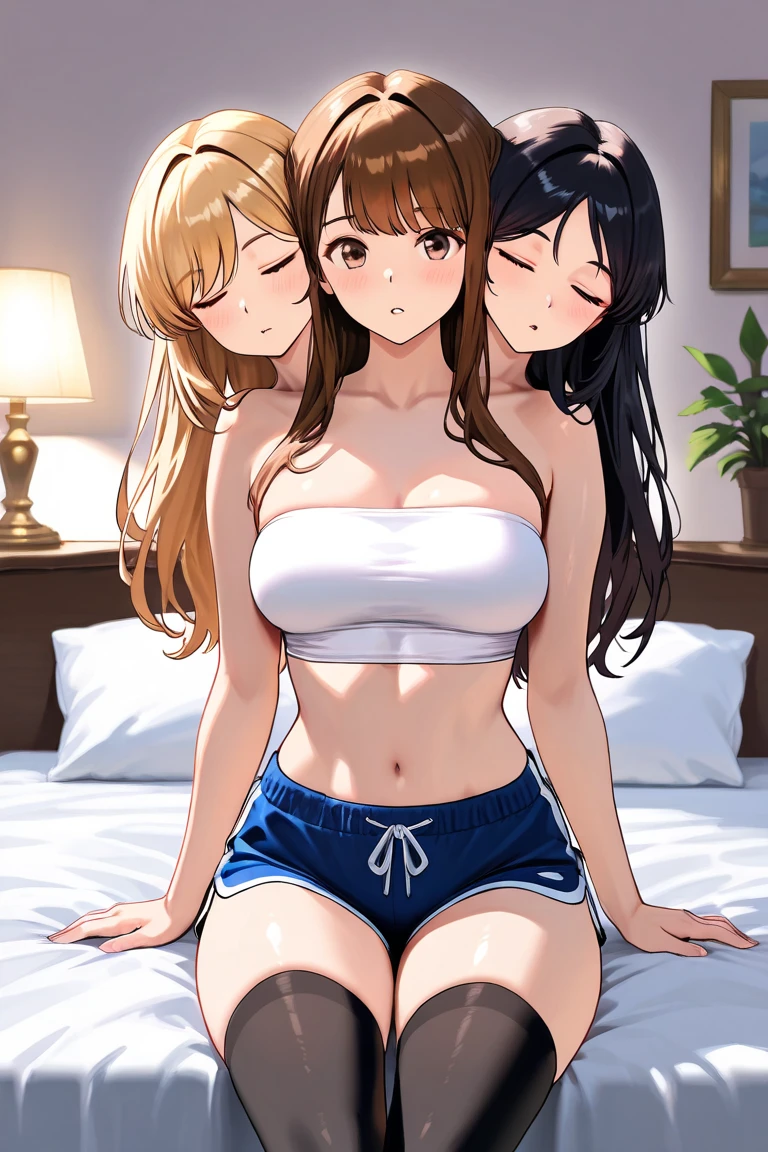 With a touch of realism, draw an image of Sana with long brown hair and Momo with blonde hair from TWICE which is K-pop idol sitting on a bed in white transparent underwear that exposes their cleavage, stomach and thighs.