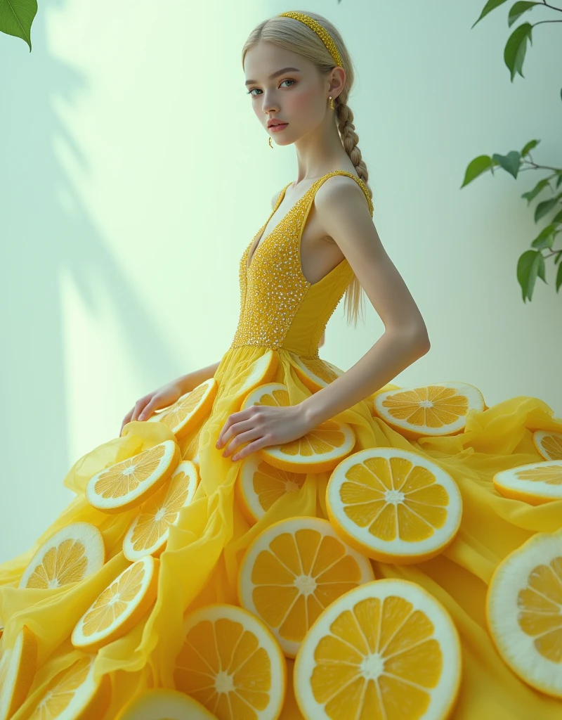 The prompt to generate an "image of a dress design with lemon slices physically attached to it" is as follows

 "A unique fashion design with lemon slices physically pasted throughout the dress. The bright colors are summery and the background is a landscape in nature.