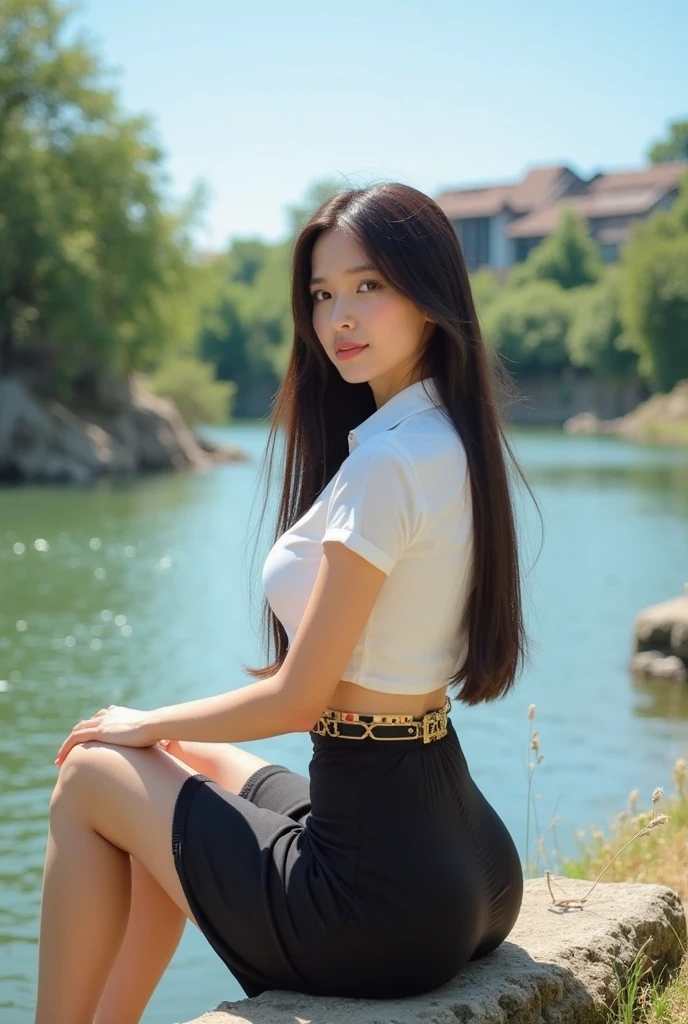 ((Real Photo:1.5)),Realistic、live-action、Real Face、Real Human Pictures、Red lips, Big Breasts、Cleavage、Open neck blouse、One girl, View Viewer, Natural skin texture, Realistic eye and facial details, full lips, lipstick, (compensate), Red eyeshadow, Long Hair, smile, ((Landscape shooting)),Close your mouth, beautiful feet, skinny, slim_feet, alone, Huge breasts, Cleavage, , Ultra mini skirt, teeth, shirt, Seaside, (Detailed Background), Plaid skirt, white shirt, Huge breasts, Cleavage, loafers, Blurred Background, Plaid, Short sleeve, JK Ribbon, bracelet, , jewelry, parted lips, lips, From the side, Pleated skirt, Depth of written boundary