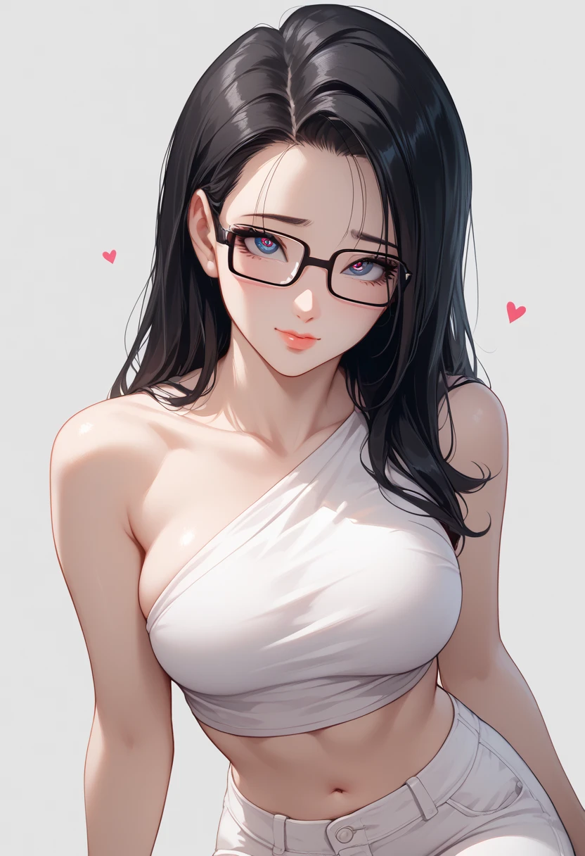 best quality, masterpiece, highly detailed,1girl, ((rose)), (vine), cage, bandage, red rope, (detail light), falling rose petals, Boa Hancock, , (masterpiece:1.5), Detailed Photo, Smiling, Sexy, (8K, Best Quality: 1.4), (1girl), Beautiful Face, (anime realistic Face), (Black Hair, long Hair: 1.3), Beautiful Hairstyle, Realistic eyes, beautiful detail eyes, (white skin), beautiful skin, absurd, attractive, ultra high resolution, ultra realistic, high definition, golden ratio, (sexually aroused:1.5), Pinkish white skin, cool white light, sexy pose, Beautiful , white background, pink soft white light, Wear a white tank top, mature, wife, (wearing glasses:1.3)