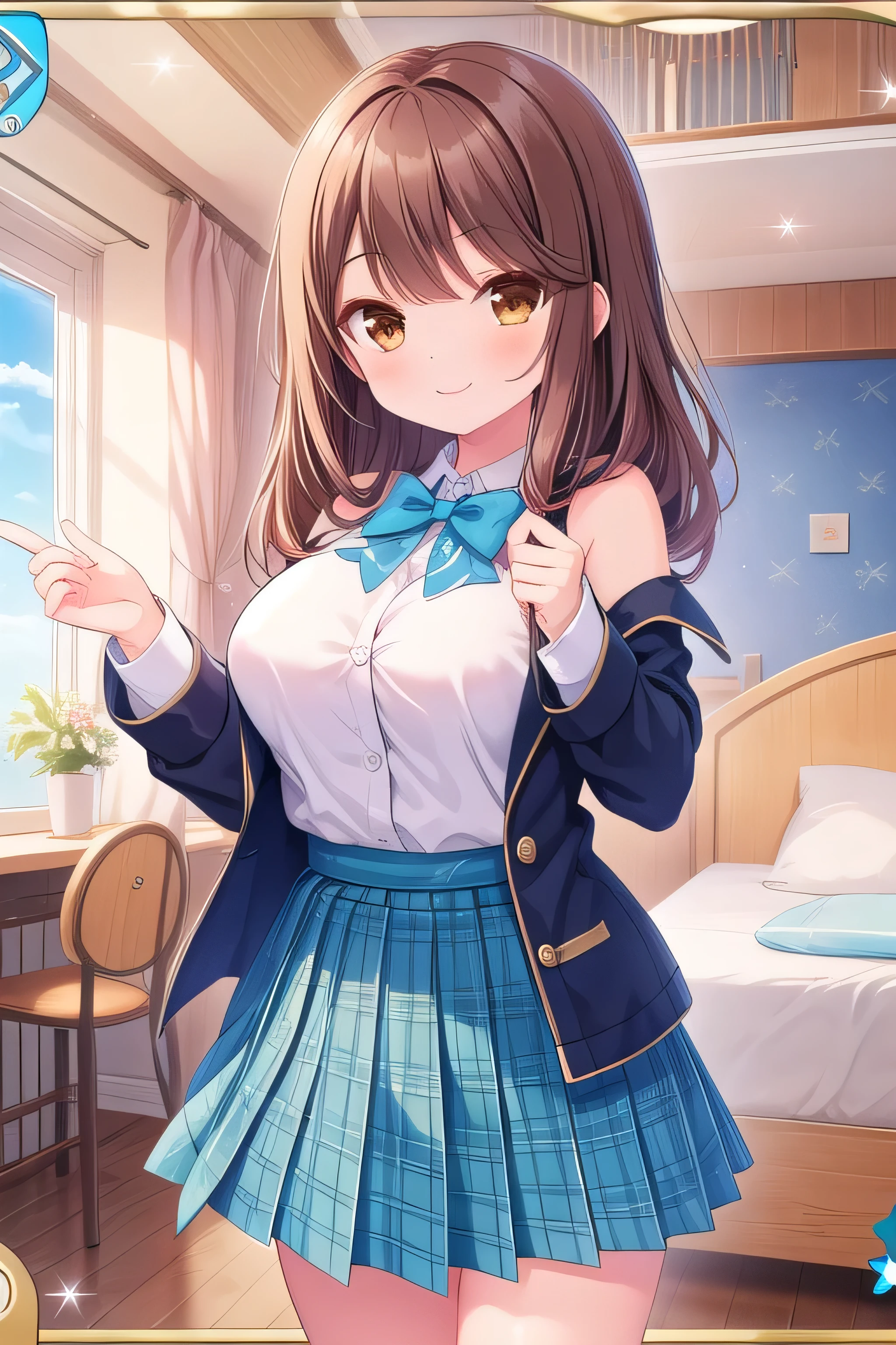 (masterpiece, best quality), highly detailed background, perfect quality, shiina kokomi, solo, brown hair, long hair, brown eyes, breasts, blue jacket, white shirt, blue bowtie, blue skirt, plaid skirt, smile, happy, fully shoulders, big breasts, room,