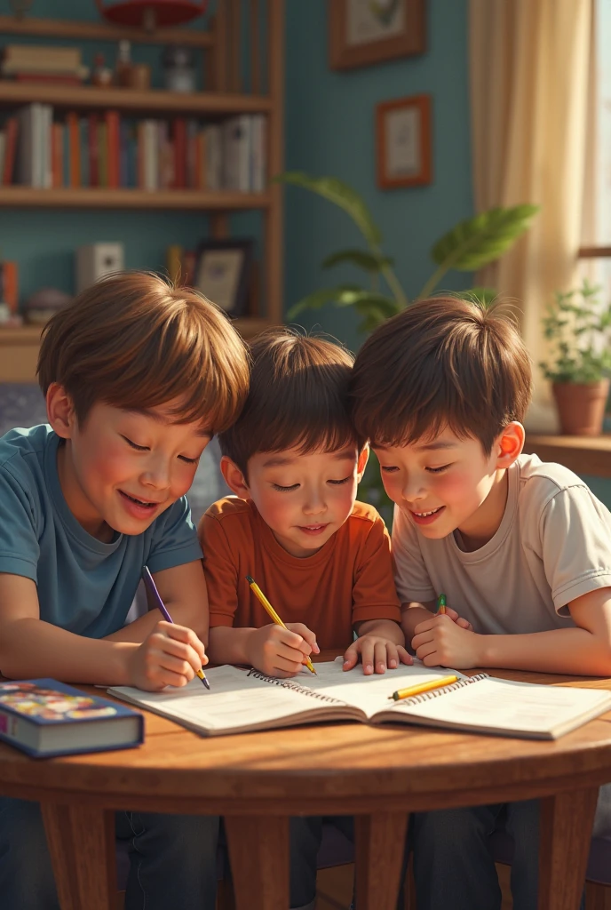 Seven-year-old boy with his family ffffhappy reading books