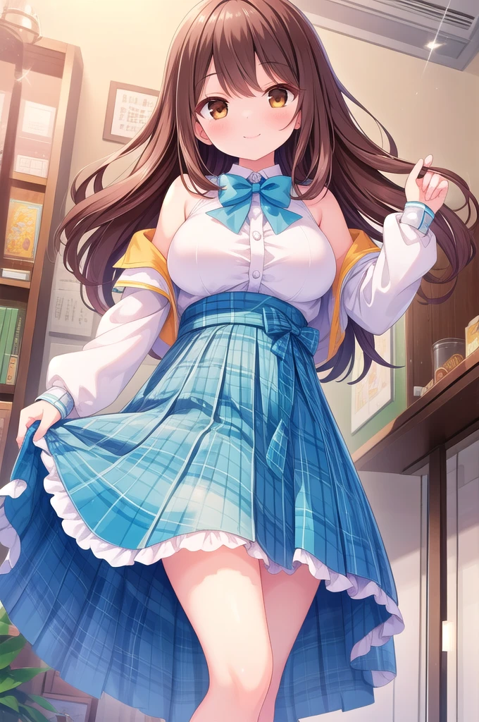 Best Quality, masutepiece, Portrait, , 1girl in, minato, brown hair, Long hair, side ponytail, , blue eyes, , Pleated skirt, crass room, Looking at Viewer, Smile,  from below, a miniskirt, white panties, (big breasts:1.2), 