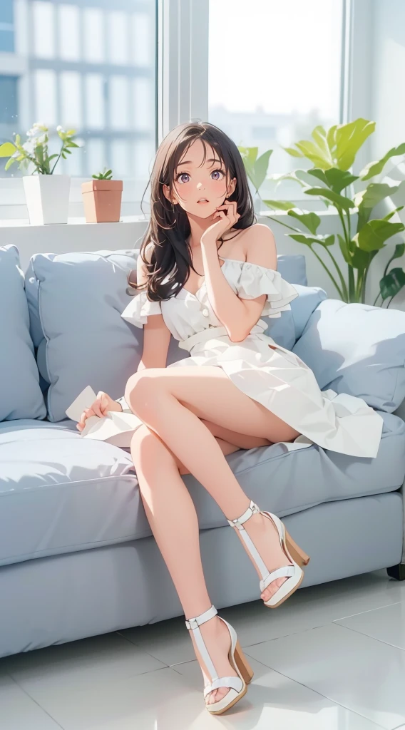 there is a girl smiling sitting on the floor talking on a cell phone,crouching, short dress, sfw.