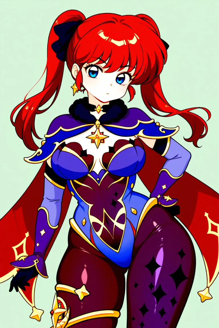 "(masterpiece:1.1), best quality, 
1girl, (80s anime style:1.4), (eyelashes:1.5),
(intricate high detailed body:1.2), 
red hair, 
(forehead:1.2), short blunt bangs, (wavy twintails:1.1), (headband:1.2), 
purple eyes, (red lip stick, detailed pupils:1.1), 
(loli body:1.2), (medium breasts:1.1), 
happy, smile, open mouth,
(lace leotard armor, navel cutout, tattoo:1.2), (garter belt:1.2), 
(flower brooch:1.1), (earrings:1.1), gauntlets, 
standing, crossed arms, 
(cowboy shot:1.1), 
(simple white background:1.2)"