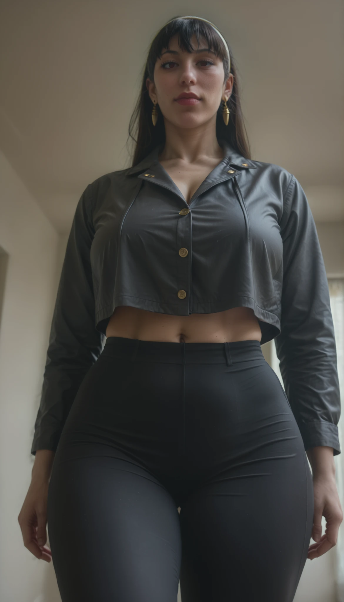 Bountiful 35yo Izrael woman highest qualityr sexy face high resolusion、Eleonora Pavinat 35old, ,sexy black long sweater,, skirt, black tights black pantyhose posing on a wooden big desk tempting seductive smiling ,bunhair bun hair curvy hourglass figure, oppai proportion, heavy exaggerated proportions skirt tight skirt black skirt black nylons black pantyhose