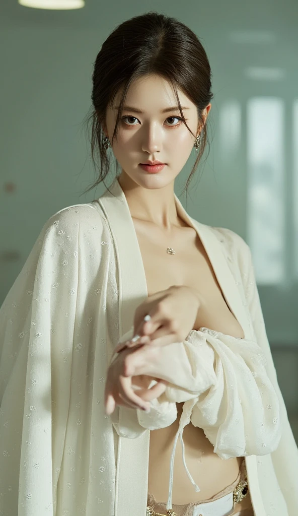 araffed woman in a white dress sitting on a white chair, beautiful south korean woman, gorgeous young korean woman, gorgeous chinese model, beautiful young korean woman, korean woman, elegant seducing pose, korean girl, hwang se - on, young sensual graceful, heonhwa choe, pale milky white porcelain skin, japanese goddess, wearing white silk robe