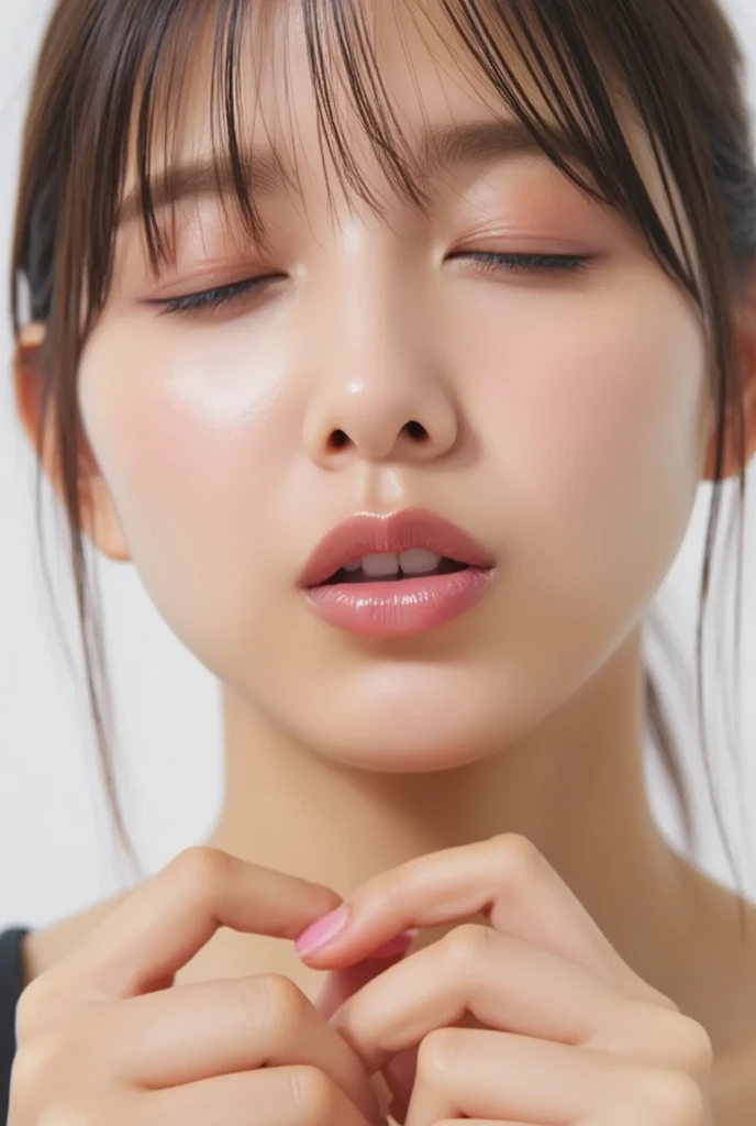 1girl,solo,brown_hair,blue_eyes,looking_at_viewer,lips,long_hair,sensitive,realistic,parted_lips,general,nose,eyelashes,bangs,close-up,questionable,explicit,(cum:1.5)