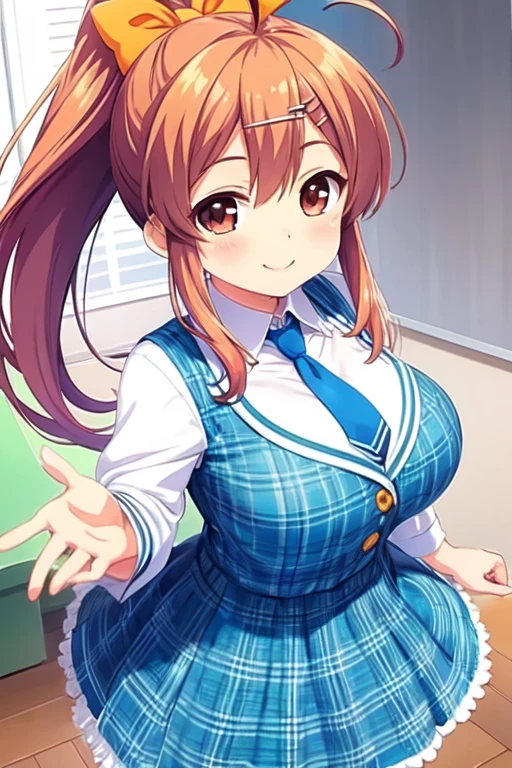 score_9, score_8_up, score_7_up, source_anime,mikuruasahina, mikuru asahina, long hair, brown hair, brown eyes,(gigantic breasts:1),skirt, long sleeves, , serafuku, sailor collar, blue skirt, blue sailor collar, winter uniform, kita high ,indoors, classroom, bent over, smile,looking at viewer, dutch angle, cowboy shot, solo,