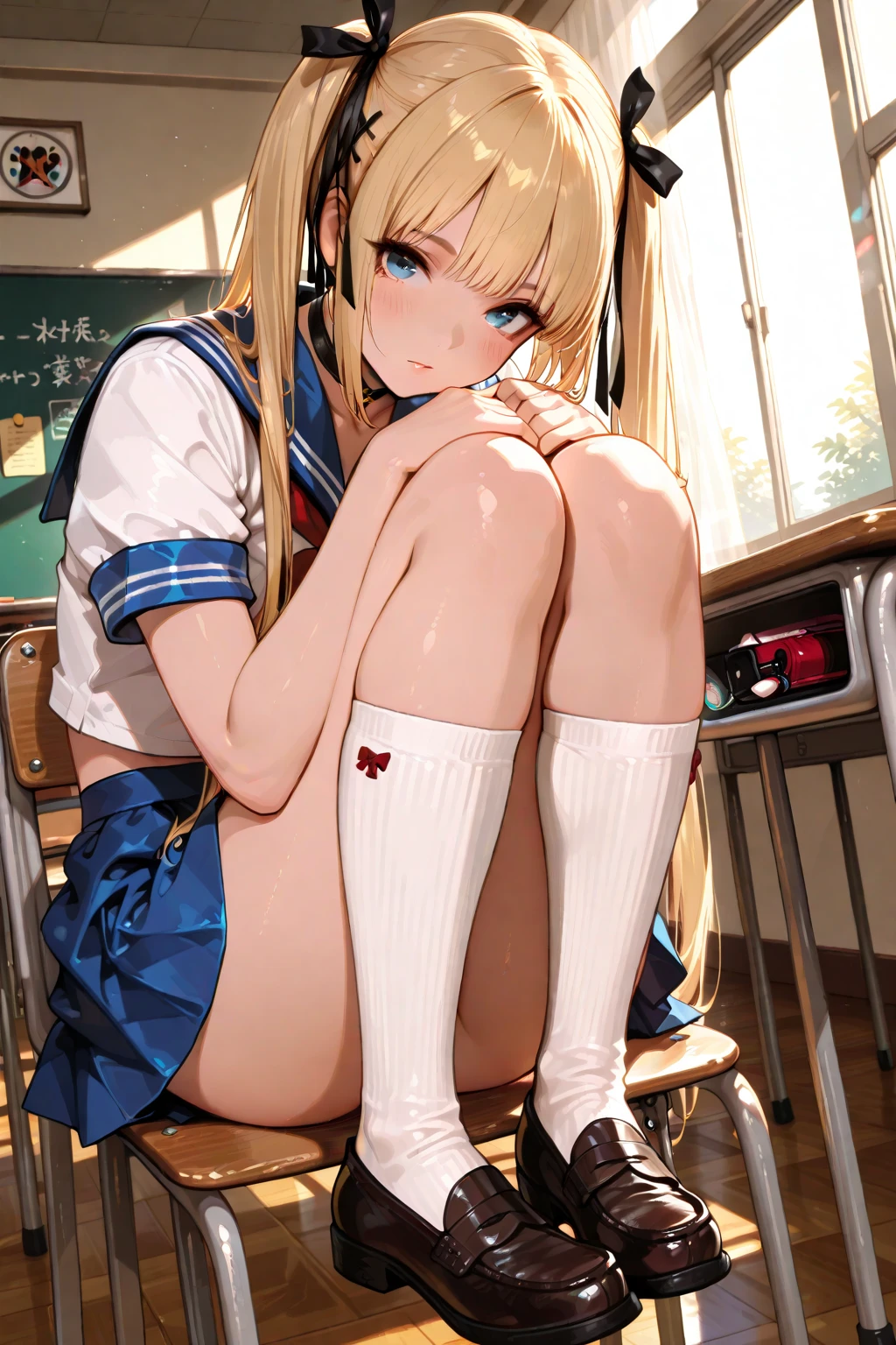 (8K, Raw photo, highest quality, masterpiece:1.2), High-definition RAW color photo, professional photography, cinematic light, alone, (((young woman, gal))), (Sharp features), (small face), (high detail skin:1.2), clavicle, cute face, beautiful appearance, long eyelashes, (blonde, blue eyes, twin drill), beautiful breasts, (slim body shape:1.4), Highly detailed face and skin texture, , sailor suit, mini skirt, loose socks:1.茶色のローファー3feet:1.5, (dynamic pose:1.0), embarrassing, sit on the stairs, School building stairs, artistic pictures, attractive thighs, open thighs, (very fine touch:1.2), (shy smile), (beautiful breasts), (concentrate), (sweating:1.2), (open your mouth), Highly detailed face and skin texture, look sideways, from before，(((spread_feet, pussy, Split_ feet, from before, I can see your underwear)))