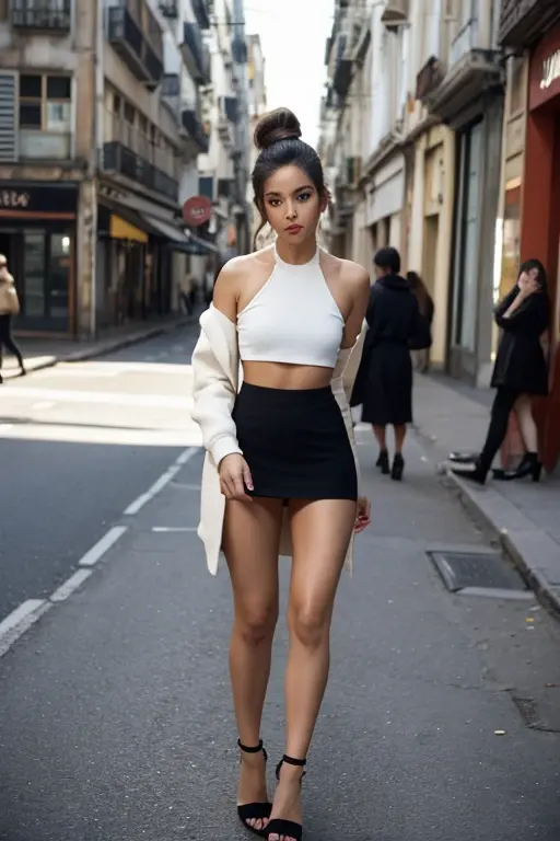 sexy babe tailandesa, full body, Olhe para o Visualizador, cabelos longos ponytail, butt out mini skirt, cropped top, winter coat, chunky heels, sexypose (NSFW), de costas para o visualizador, (Telhado da cidade), filmic grain, luz de aro