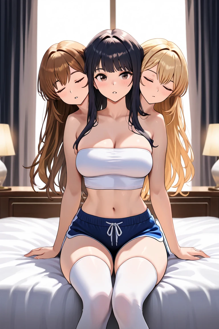 (Harem:1.2),4girls,quartet,squad,cowboyshot,pov,beautiful detailed eyes, detailed lips, long eyelashes, bright and vibrant colors, natural lighting,(best quality, 4k, highres), ultra-detailed, soft and smooth texture, no distractions, dreamlike sensation, slight bokeh effect,highlighting her figure,deformed and independented breasts,side by side,Different posing,surrounded by girls,(small breasts:0.5),Attractive girls,longing,(public facility:1.3),pajama party,on small bed,young,camisole,Skin Gloss