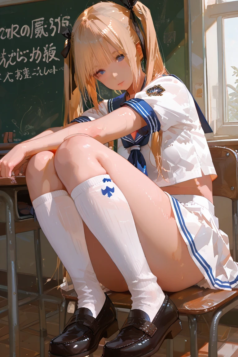 anime artwork, score_9, score_8_up, score_7_up, score_6_up, score_5_up, score_4_up, r,Camie Utsushimi, light brown hair, dark brown eyes,, breasts, , big breasts, at school, (school uniform:1.2), sit on desk, cap, she is 24 years old, striped panties, rating explitic, wet whirt, ,horny, solo, , white stockings, shoes,, masturbation, style_3