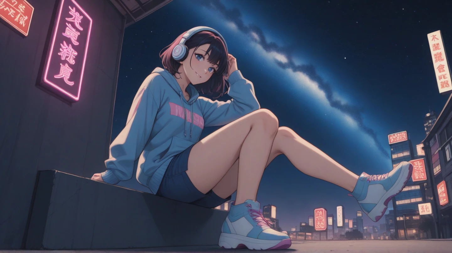 Japanese 80's style illustration. It is 23:00 at night.
A girl of about 1 is sitting on her bed in her room, wearing headphones and looking out the window.
Through the window, she can see a town in the countryside at night. The sky is filled with stars and buildings in the countryside.
The overall color scheme is based on pink. The girl's hair is bobbed, her face is young and she is wearing trainers and short pants.
Hot cocoa is on the table and calm. The illustration has a calm and languid impression.