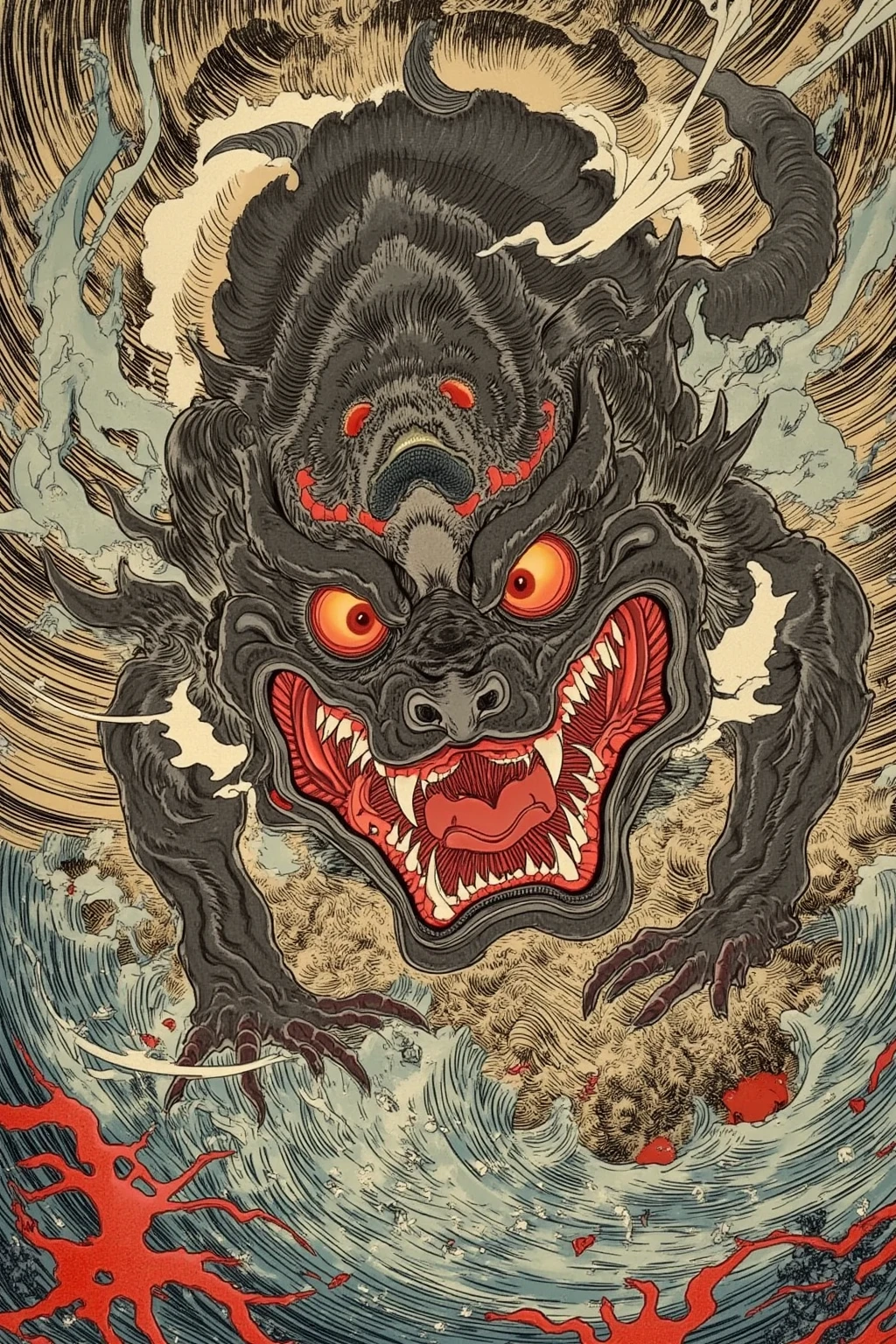 Cloudy,Angry roar,Hideous and terrifying,Giant head,Blood Black,Lovecraftian gods,繁复的China头冠,China铠甲,blood,Black Abyss,China,China式宗教,Abstract Art,Surrealism,Magical Realism,Impression style,Lovecraft atmosphere,Lovecraft atmosphere,Lovecraftian inspiration,Doomsday scene,Red distorted sky,Bloody earth,Flowing black water