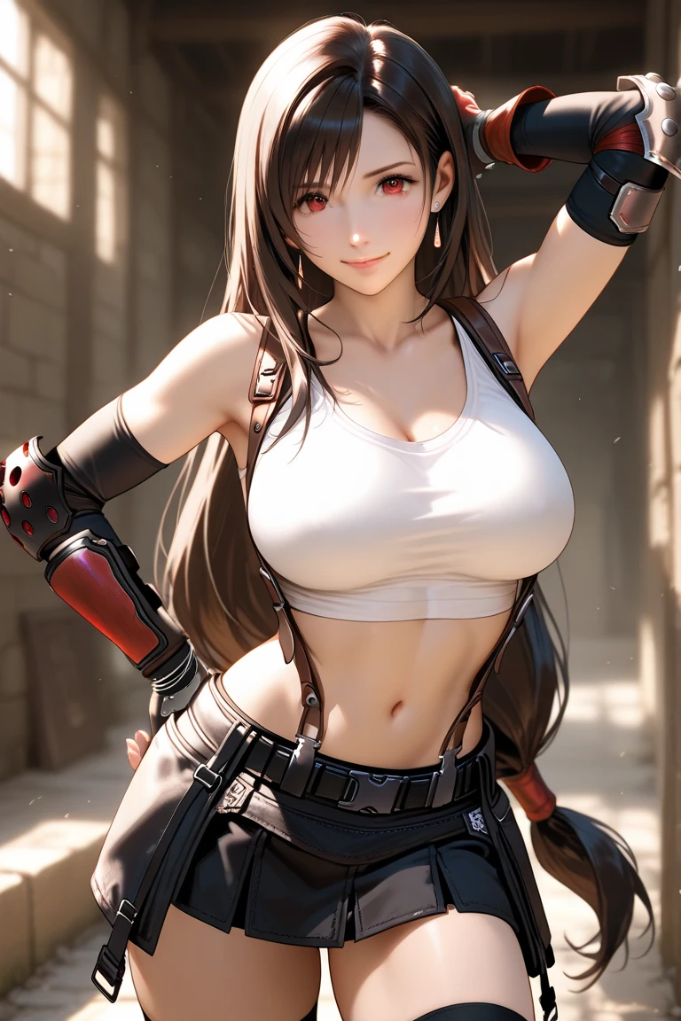 (8k, best quality, masterpiece:1.2), (realistic, photo-realistic:1.37), ultra-detailed, 1 girl,cute, solo, (tifa lockhart), ((huge breasts:1.6),(beautiful detailed eyes), (smile:1.4), winking (closed mouth), erotic pose, outside an industrial factory, depth of field, dark intense shadows, sharp focus, depth of field, good composition, Final Fantasy VII, (white tank top:1.3), (black leather mini skirt:1.3) (red gloves and boots) (full body:1.5), head rest, lips, pretty face, ((red eyes:1.3)), (night:1.2), intricate, bokeh, (Tetsuya Nomura style), nsfw, perfect breasts, view from behind, tall, long legs