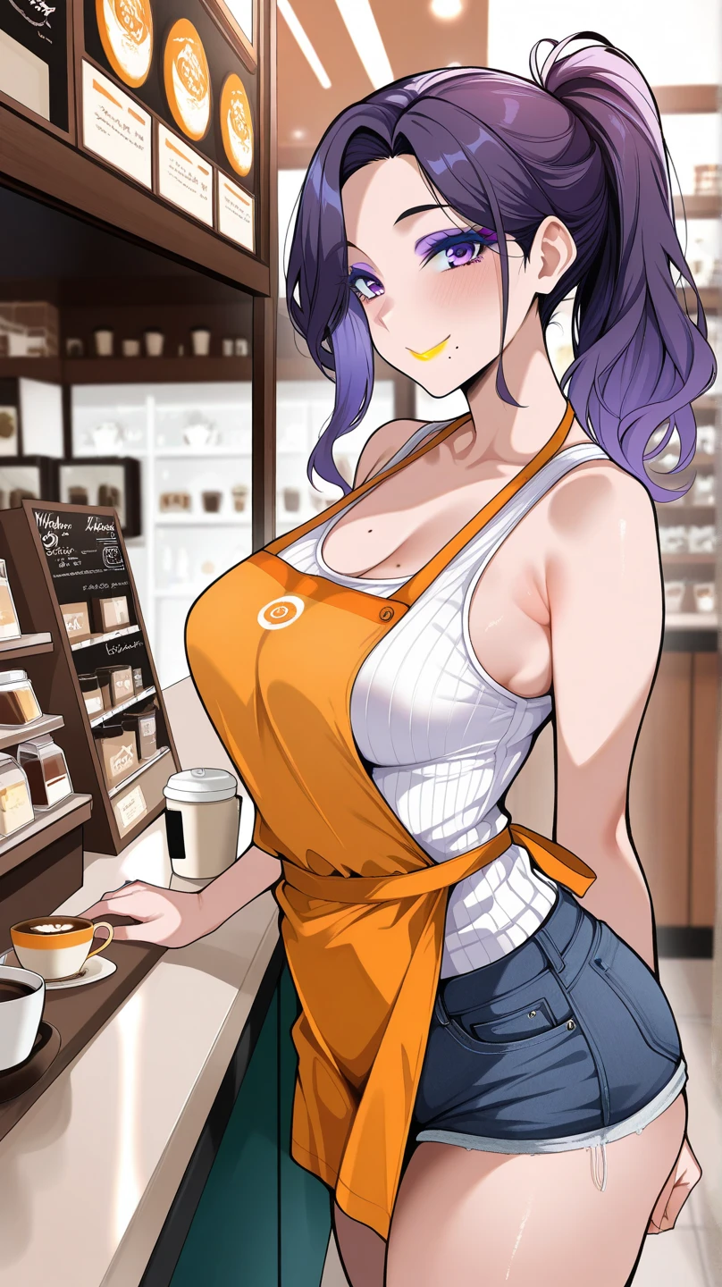1. beautiful woman, Mole under the eye, behind the counter, deep silence, innkeeper, Closed eyelids and beautiful delicate eyelashes, full height, a little plump, 20 years, fantasies