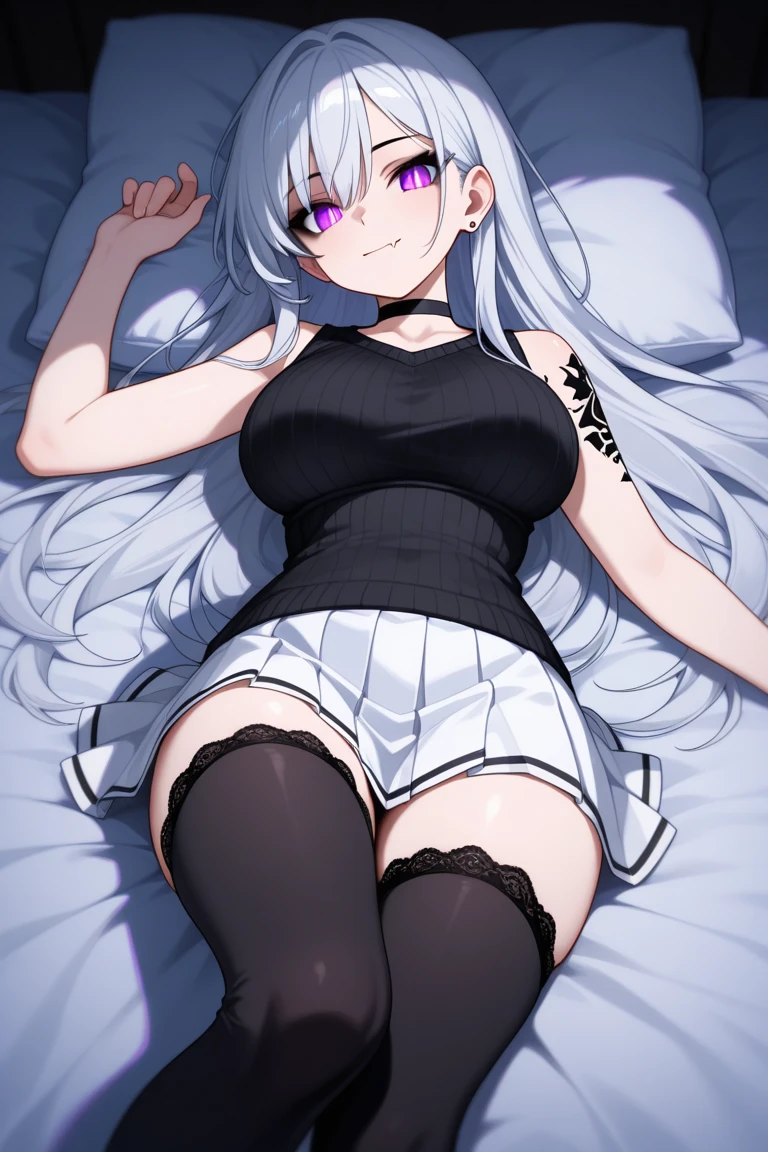 No panties, No clothes, Woman with open legs, White hair, a purple eye,is shy,exposing her chest,long whitr hair