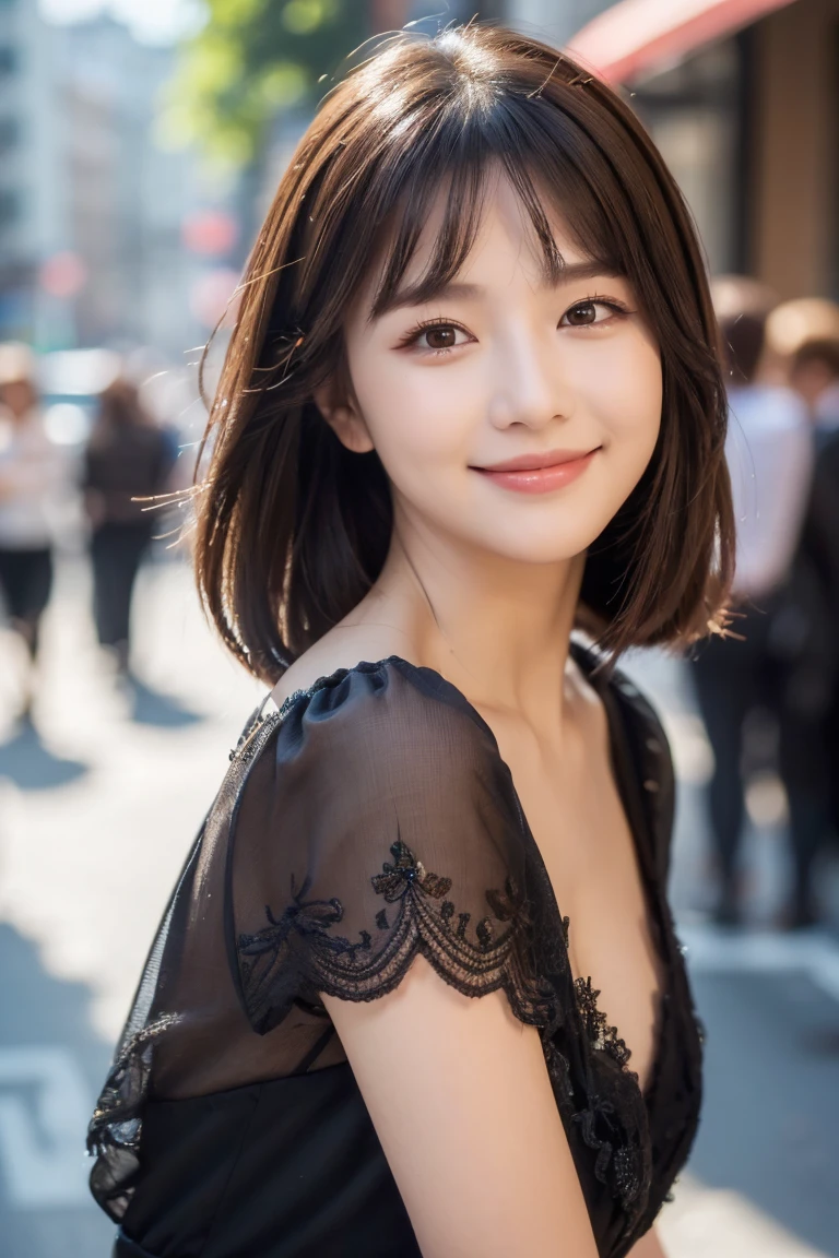 masterpiece, 8k, photorealistic, optimal ratio, detailed face, ((Audience Watch)), red lipstick, realistic, well-shaped bust, slender body, Photo with upper body facing forward, Detailed and beautiful hair, fine skin, RAW color art, diffused soft lighting, sharp focus, cinematic lighting、smile、bride in bra、18-year-old、Japanese beauty、short hair style、wedding ceremony、In front of the customer、blur the background