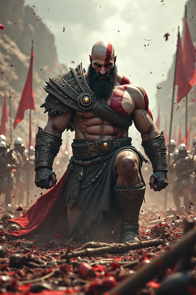 A muscular warrior with naked body standing in war land facing his back and warriors going to attack him from backside like god of war 
