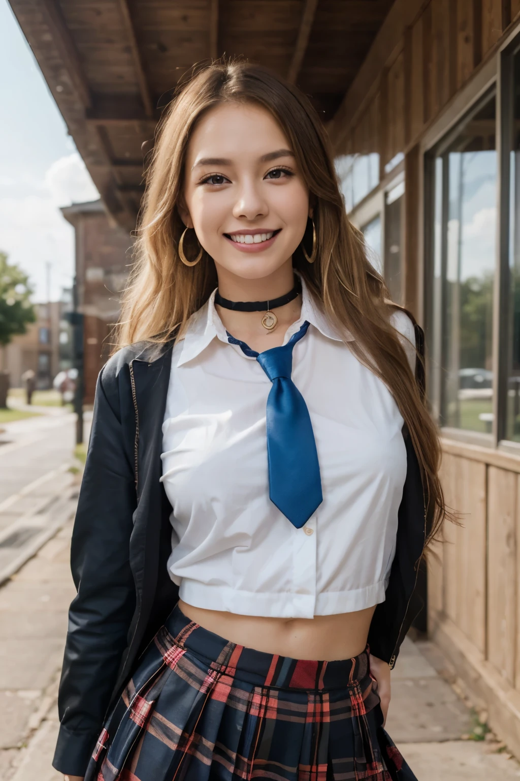 masterpiece, best quality, highres, kitagawa marin, 1girl, blonde hair, long hair, multicolored hair, red eyes, jewelry, earrings, piercing, school uniform, white shirt, tied shirt, black choker, blue necktie, plaid skirt, grin, smile, standing, cowboy shot, outdoors, blue skirt