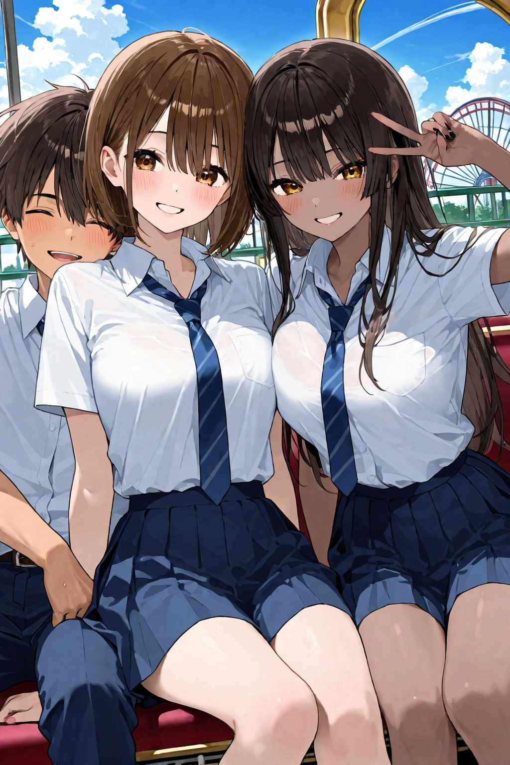 ((masterpiece, Highest quality, High resolution, 超High resolution, Pixel perfect, Written boundary depth, 4K, RTTX10.0, High resolution))), (3 adult women:1.3), Beautiful Anime Woman, Beautiful art style, Anime characters, ((Long Hair, bangs, Dark brown hair, ponytail)), ((Beautiful eyelashes)), ((Detailed face, blush:1.2)), ((Smooth texture, Realistic texture, Anime CG style)), Perfect body, Slender body, Exact finger count、Exact number of legs、Exact number of arms, (blush:1), ((Three women standing with their skirts lifted, The women on either side stand next to the woman in the middle:1.4)), ((white stylish shirt, Checked skirt:1.2)), Knee-high socks, (Raise your skirt yourself:1), Realistic, Slender body, Highest quality, High resolution, Very detailed face, Perfect lighting, Highly detailed CG, (Perfect hands, Perfect Anatomy), Embarrassed expression, (Station platform:1.3), whole body, ((Pussy crack:1.2)),  Angle from the rear, Recall
