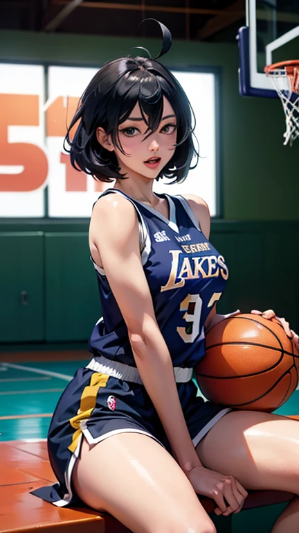 (best quality,ultra-detailed), portraits, (lakers yellow basketball sleeveless uniform:1.4), wet with sweat,basketball court, (See-through:0.9), (full body:1.4), Kafka play basketball in the sports court, 1 girl, solo, best quality, look at viewer